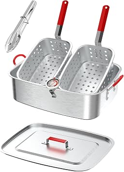 18QT Deep Fryer Pot with 2 Baskets | Lid | 9" Fryer Tong | 6" Thermometer | Aluminum Outdoor Fish Fryer | Ideal for Frying Fish | French Fries | Chicken Wings