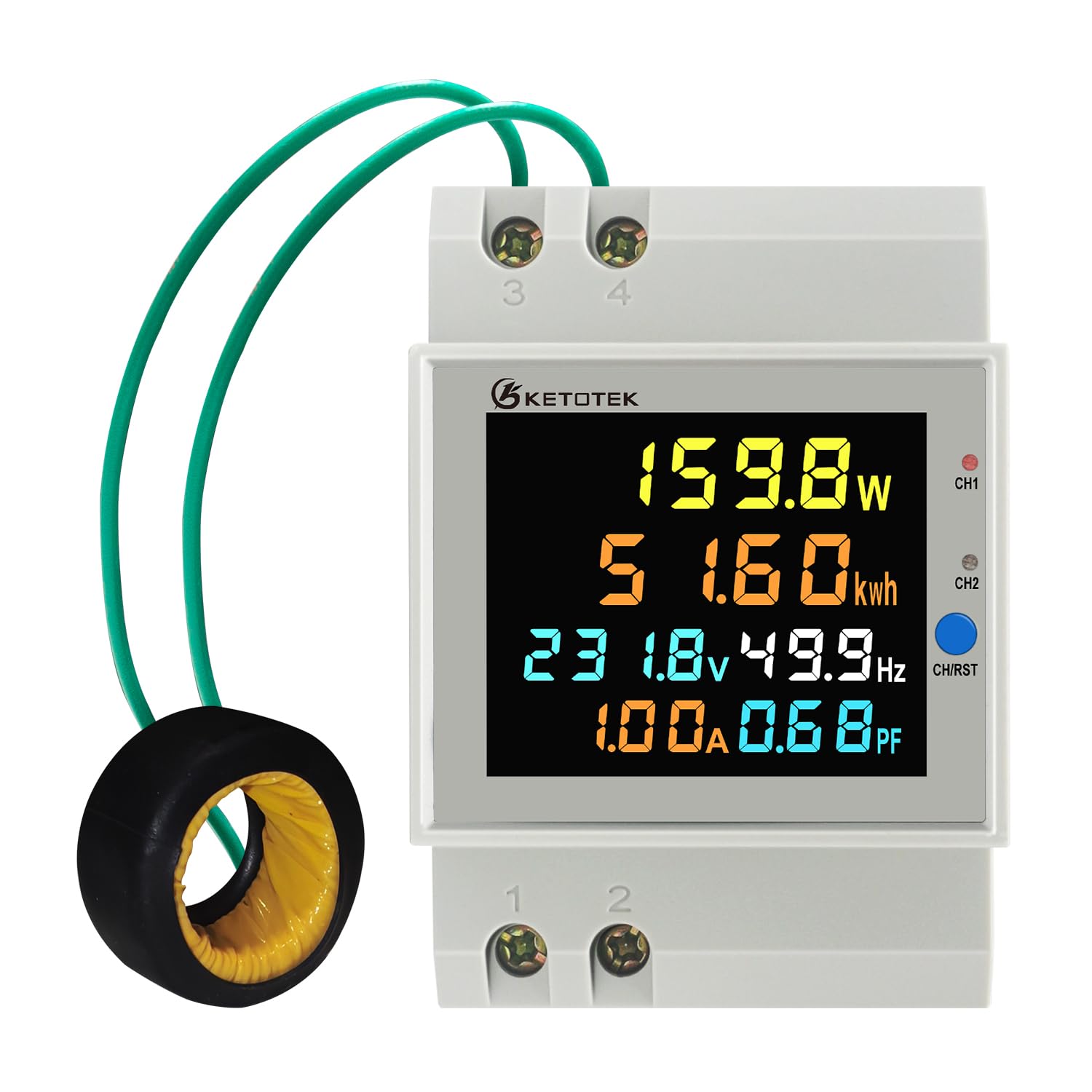 KETOTEK Energy Meter Single Phase 2 Circuit - KWH Meter Din Rail with 2 x 100A CTs - Electric Submeter AC40-300V with Color LCD, Reset & Data Storage