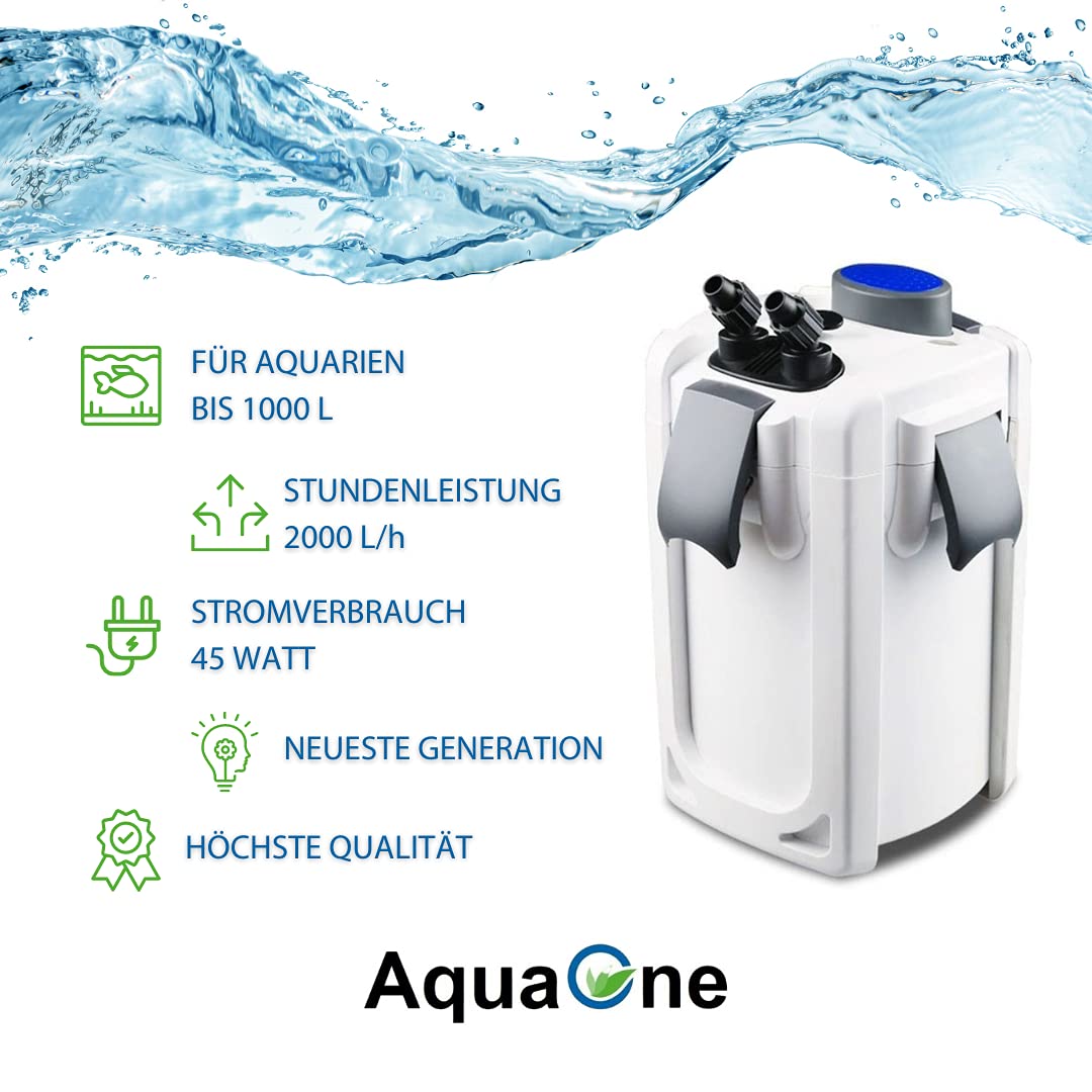 AquaOne Aquarium Außenfilter HW-704A 2000 L/h I Hochwertiger Filter für Aquarien bis 1000 Liter I Pumpe mit Filtermedien für Süßwasser und Meerwasser Becken