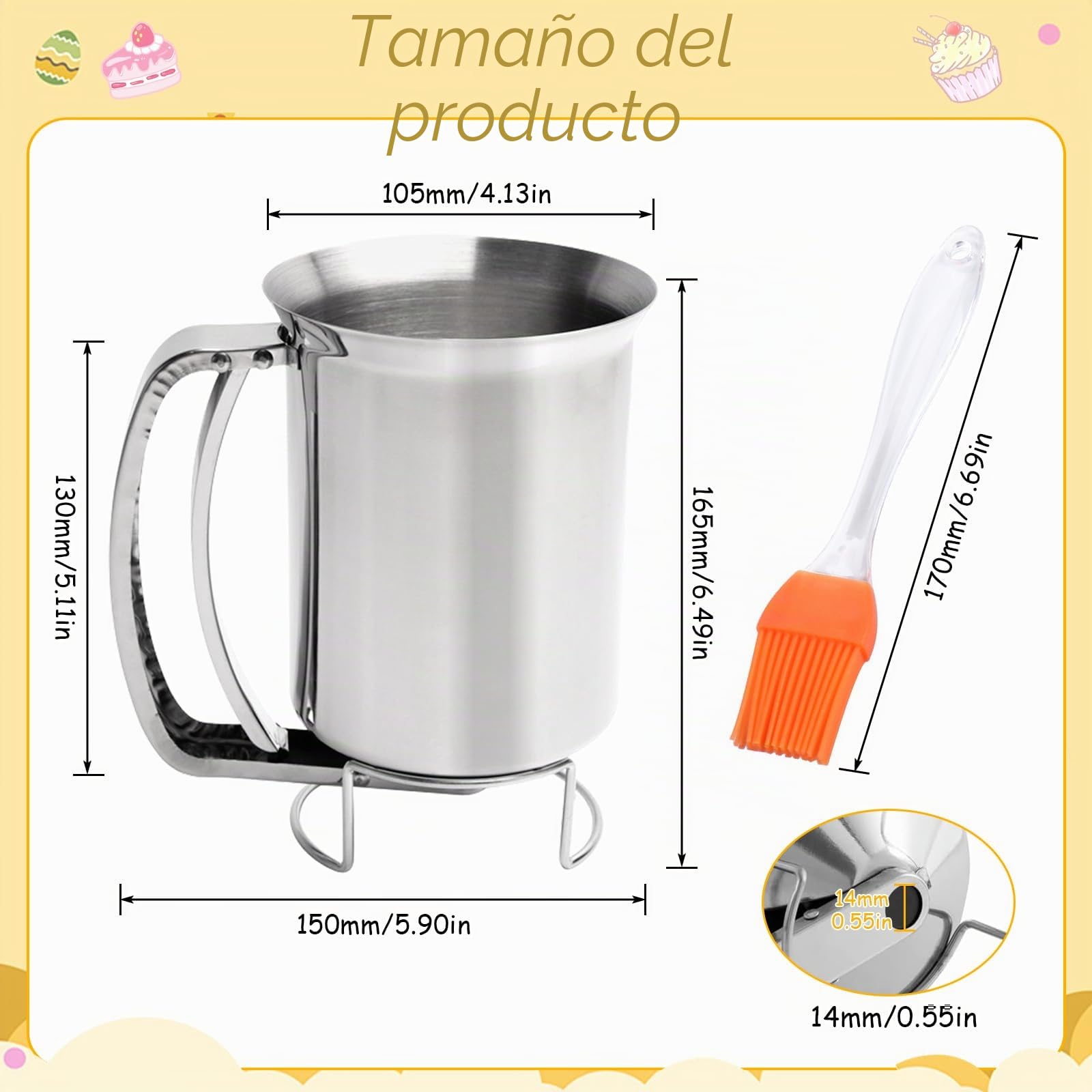 Raxfekro Dispensador de masa de acero inoxidable 900 ml, dosificador de masa con mango aplastado, dosificador de masa para panqueques, magdalenas, galletas y gofres