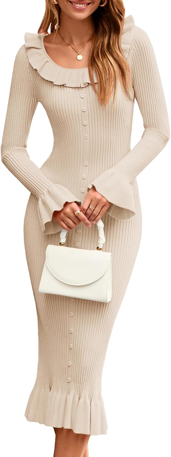 Wenrine Womens Bell Long Sleeve Sweater Dress Casual Ribbed Knit Ruffle Crewneck Decor Button Bodycon Midi Dresses Apricot Large