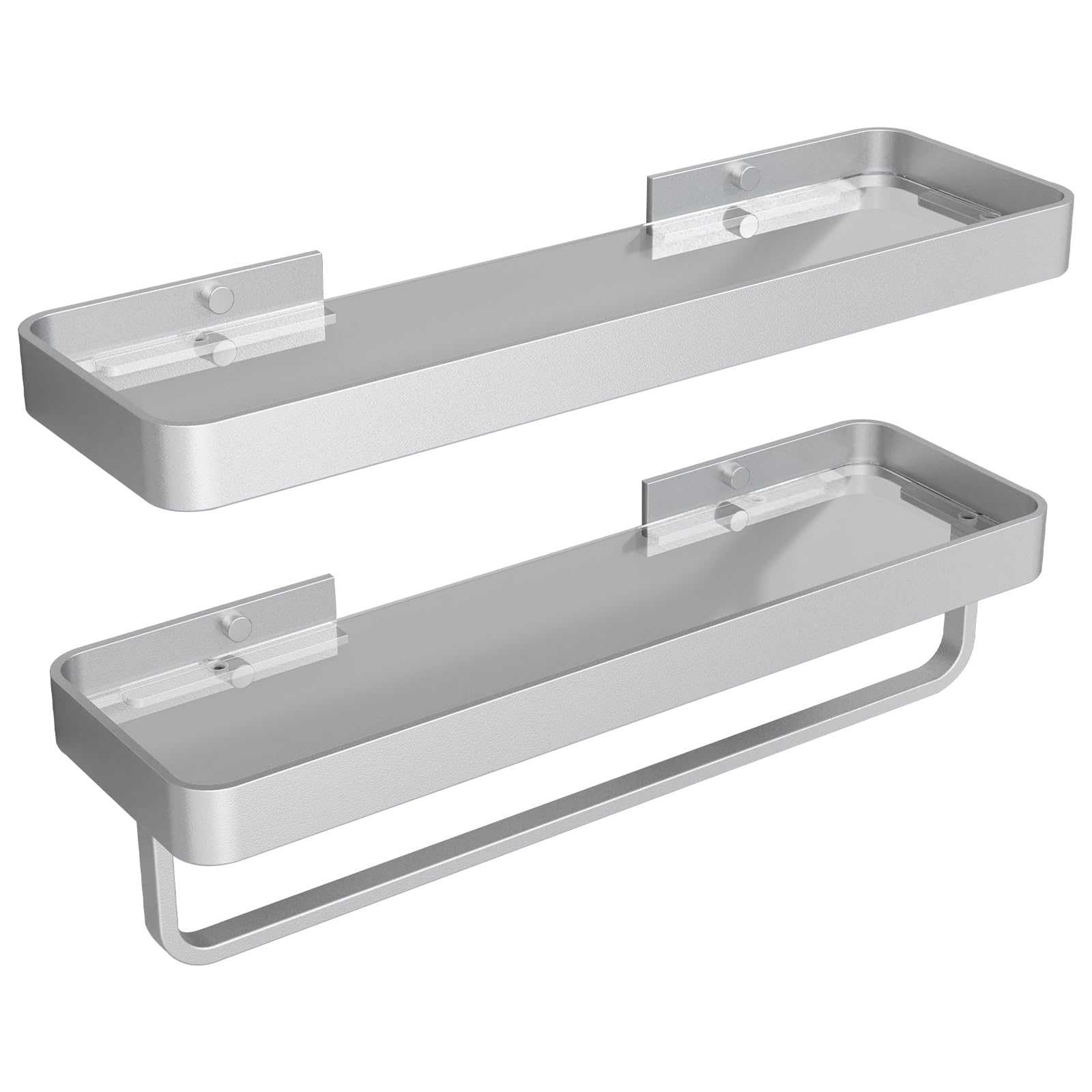 Danpoo 16-Inch Silver Floating Bathroom Shelves with Towel Bar, Clear Tempered Glass Wall Shelf 2-Pack – Versatile Bathroom Organizer Set