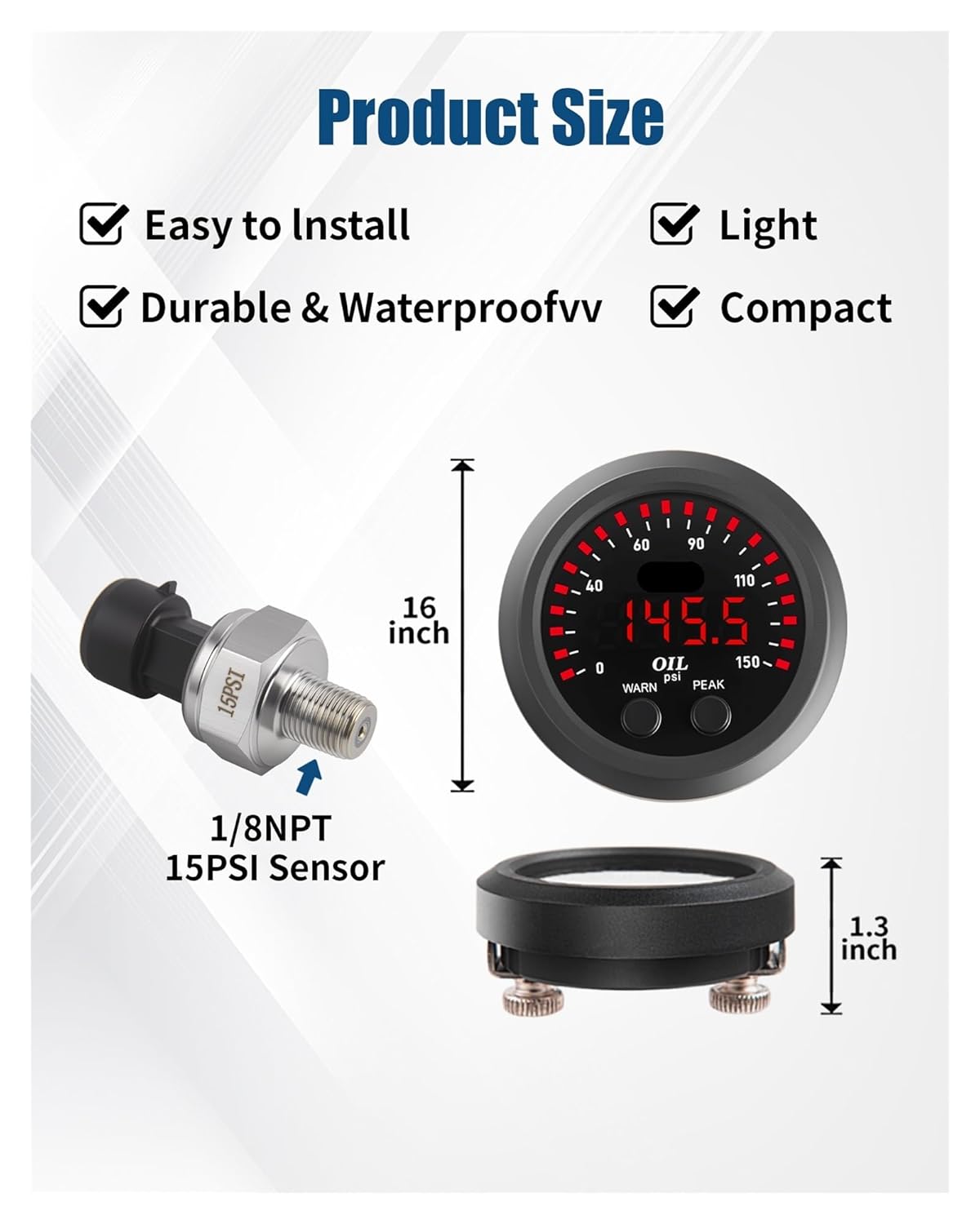 Universal Ultra-Thin Electronic Fuel Pressure Gauge with 1/8 Npt Sensor Oil Pressure Meter Red Display Digital 0-15Psi