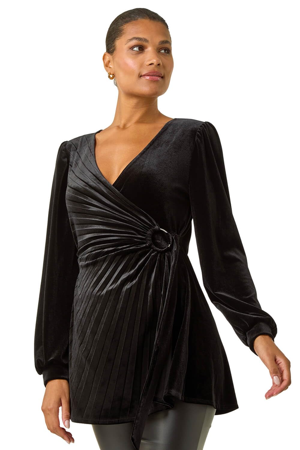 Roman Women's Velvet Pleated Wrap Top in Black | Size: 14