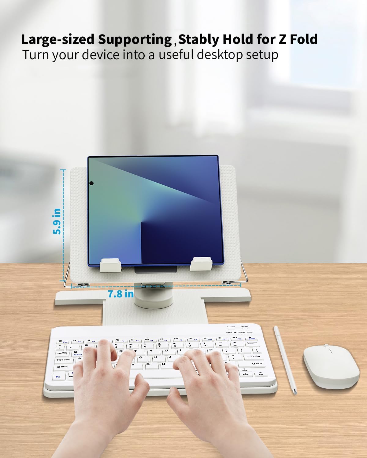 Desk Stand and Bluetooth Keyboard Combo for Samsung Galaxy Z Fold 7/6/5/4/Z Trifold, 4 in 1 Set Include Mouse Pen, Adjustable Foldable Tablet Stand Holder Fits for 4.7"-13" Smartphones Tablet