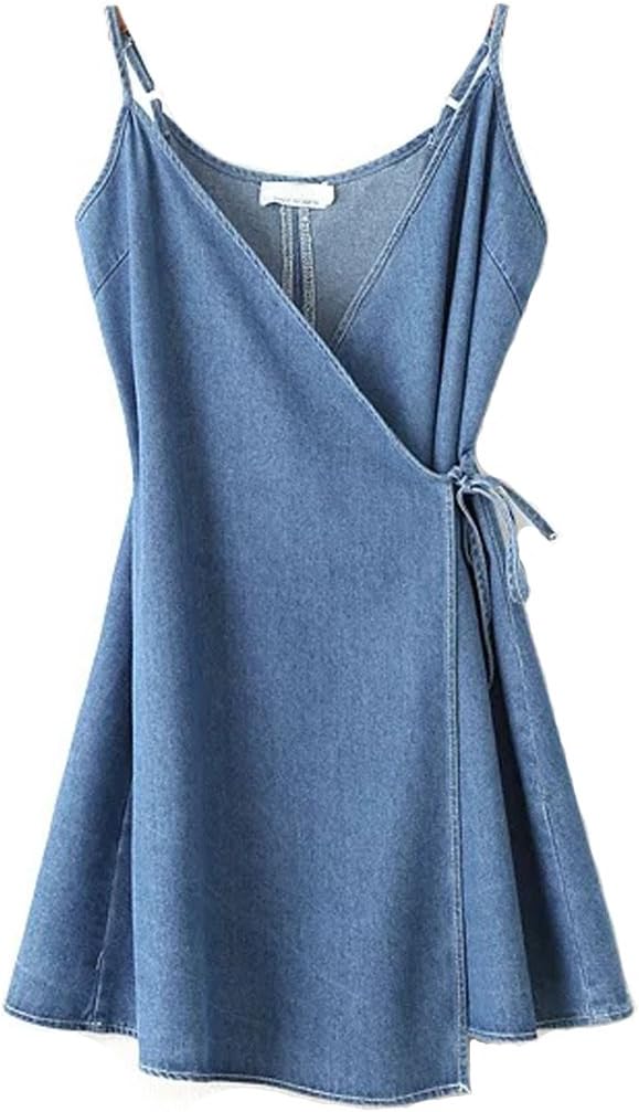 Women's Simple Spaghetti Strap Summer Mini Wrap Denim dress