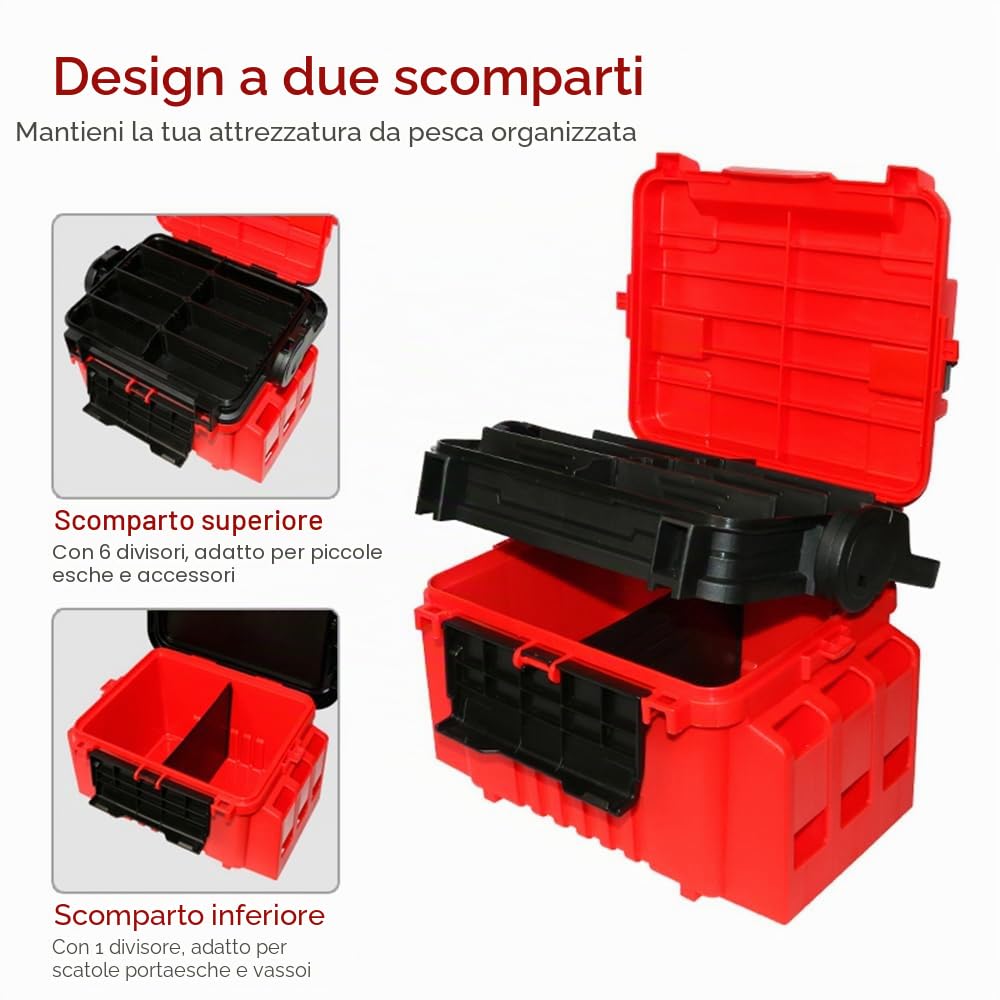 cassetta degli attrezzi portatile da pesca, scatola da pesca da viaggio, scatola con portabottiglie e supporti per canna da pesca