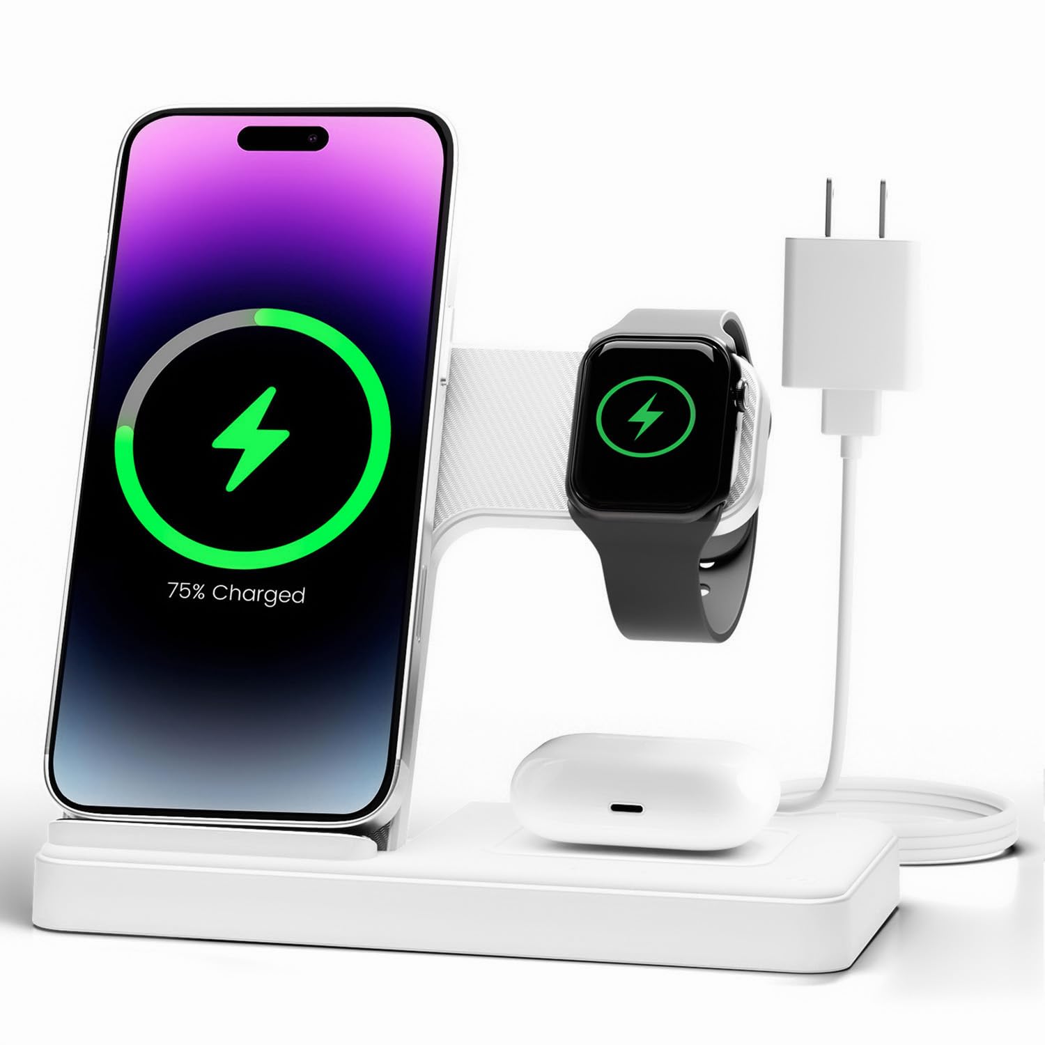 Wireless Charger Charging Station: 3 in 1 Charger Stand Multiple Devices for Apple - iPhone 17 16e 16 15 14 Pro Max 13 12 11 - Watch 10 9 8 7 6 5 4 3 2 SE and Ultra Series - Airpods 4 3 Pro, White