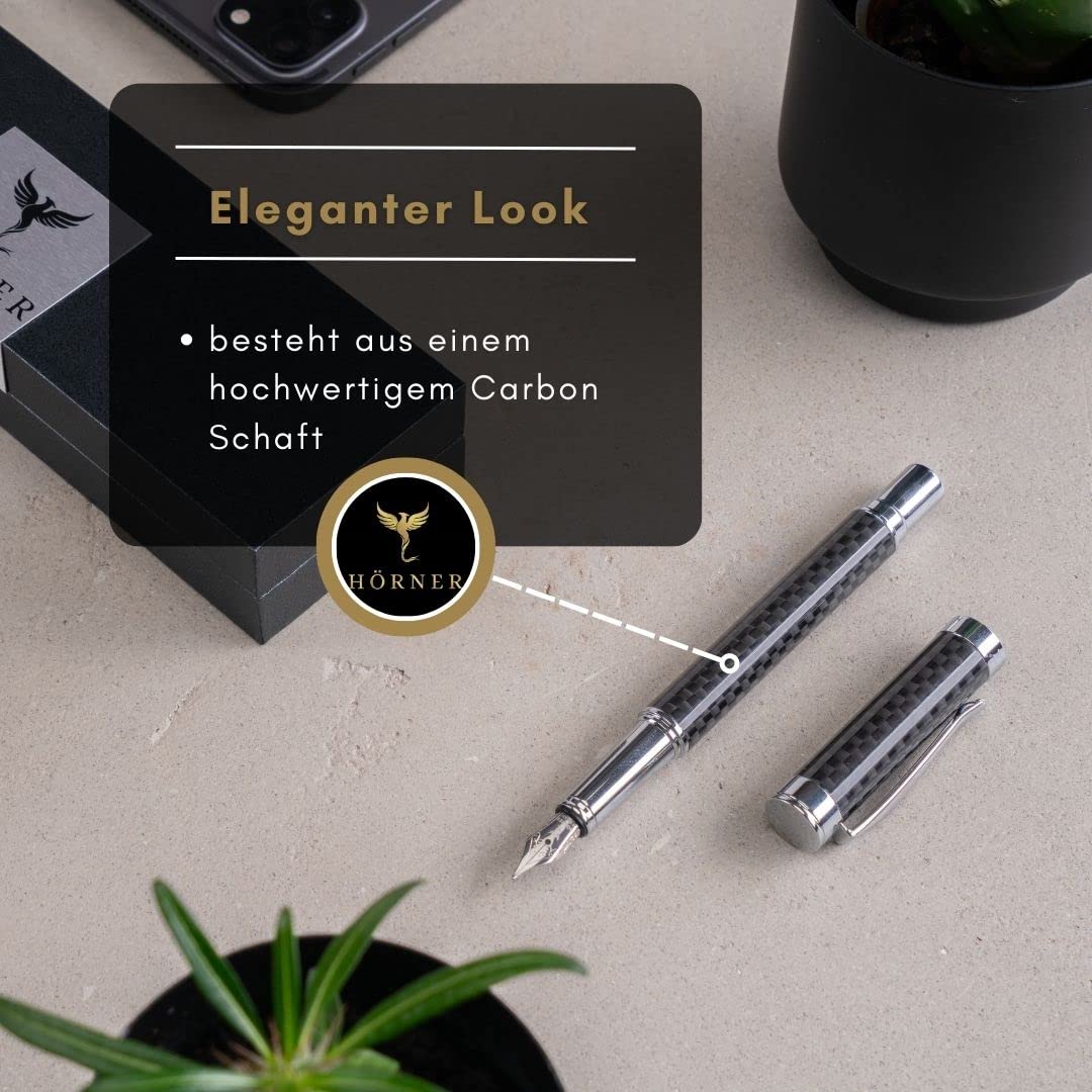 Hörner ONE - Hochwertiger Füllfederhalter aus Carbon I Premium Geschenkbox I Tinte in Schwarz I Luxus Design I Edel Feder Made in Germany I Attraktiver Stift für Herren und Damen