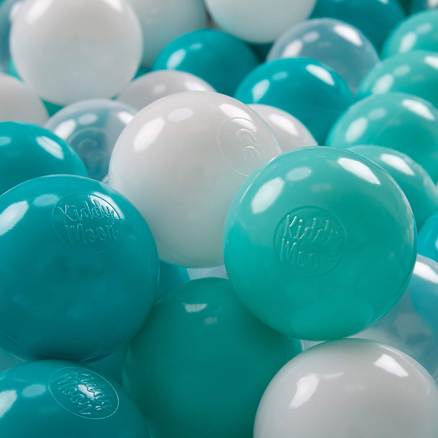 KiddyMoon Soft Plastic Play Balls 200 Balls/7Cm-2.75In Multi-Colour Made In EU, Light Turquoise/White/Transparent/Turquoise — image 1