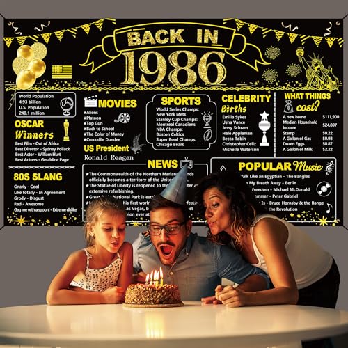 Image of DARUNAXY 40th Birthday Black Gold Party Decoration, Back in 1986 Banner 40 Year Old Birthday Party Poster Supplies Vintage 1986 Backdrop Photography Background for Men & Women 40th Class Reunion Decor