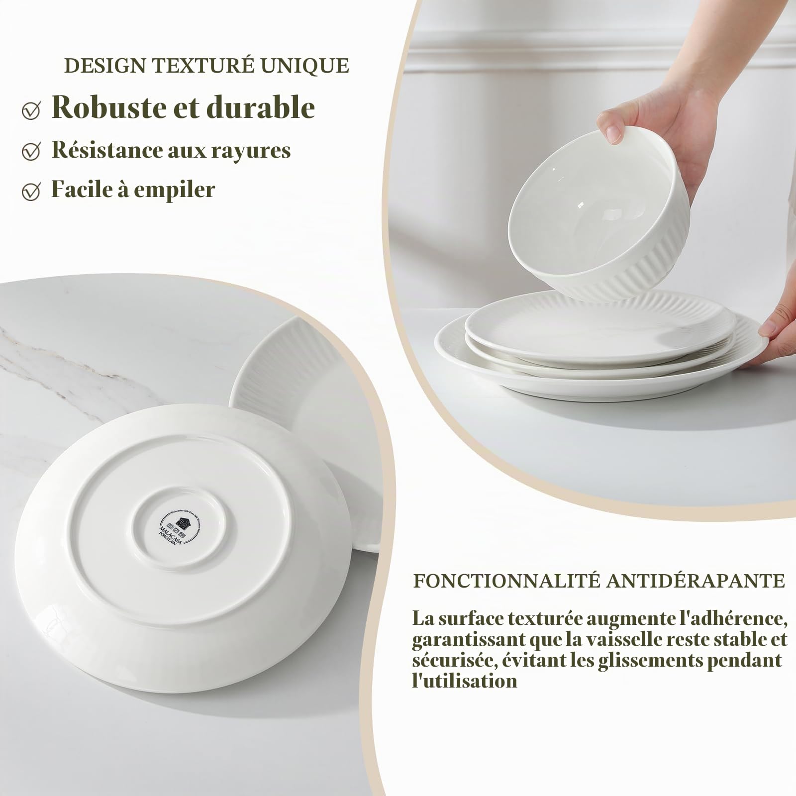 MALACASA Service de Table 6 Personnes, 24 Pièces Services de Vaisselle en Porcelaine, Set de Vaisselle avec 6 Assiettes à Plates, Assiettes à Dessert, Bol à Soupe, Bols à Céréales, Blanc