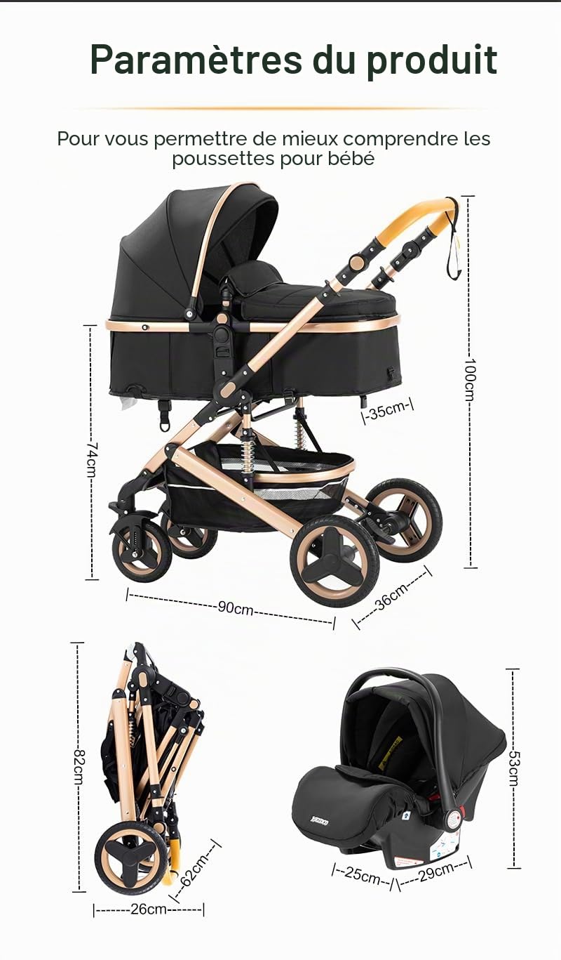 YAZOCO Poussette 3 en 1 Tout Terrain 0 à 4 Ans, Poussette Bébé Pliable, Compacte et Inclinable, Moustiquaire,Couvre - Pieds, Porte - Gobelet à Eau
