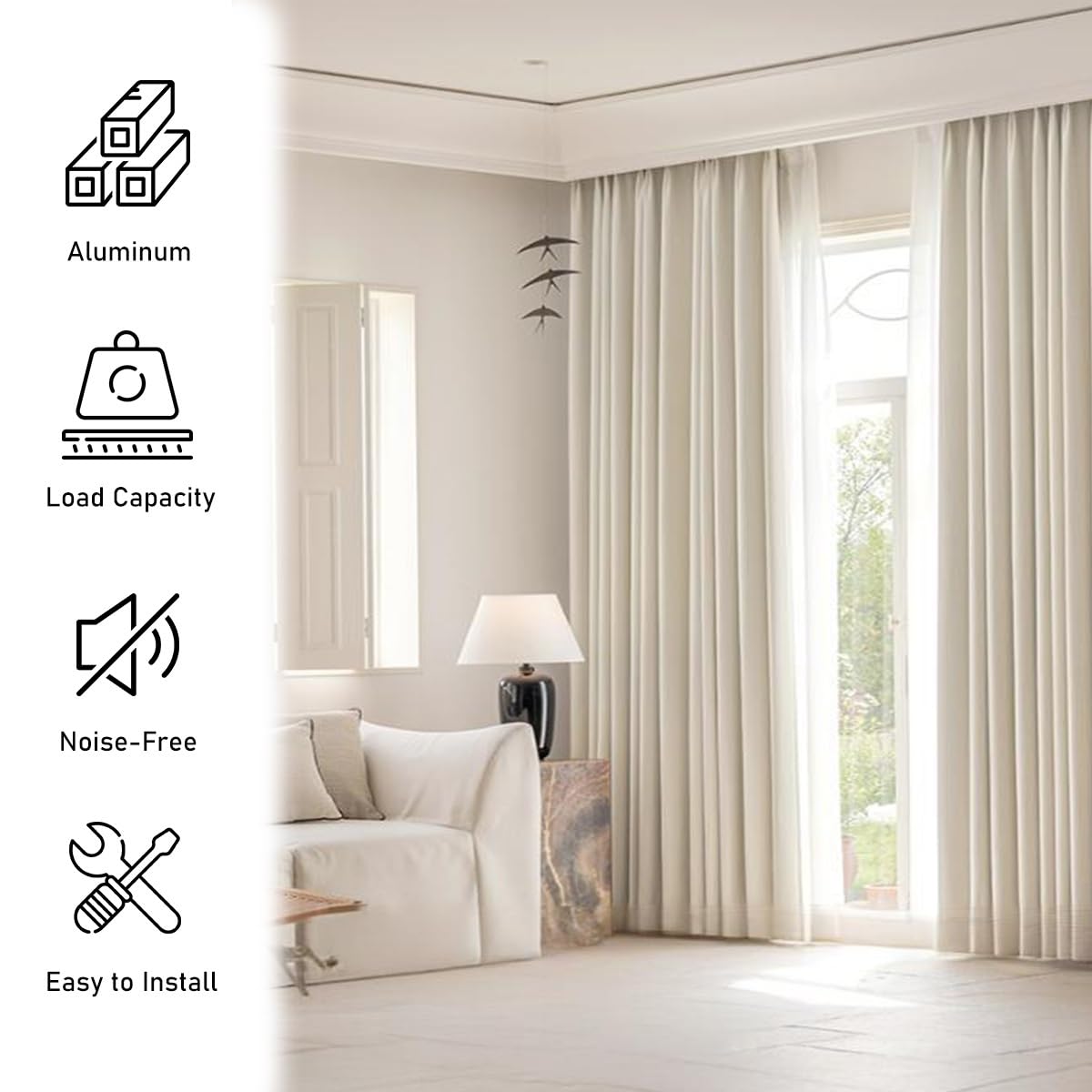 Wytrzymała 2-warstwowa aluminiowa szyna sufitowa 1-5 m z cichym ślizgiem do podziałów pomieszczeń, idealna do sufitów o długości 2,6 m, łatwa instalacja i trwałe mosiężne wykończenie