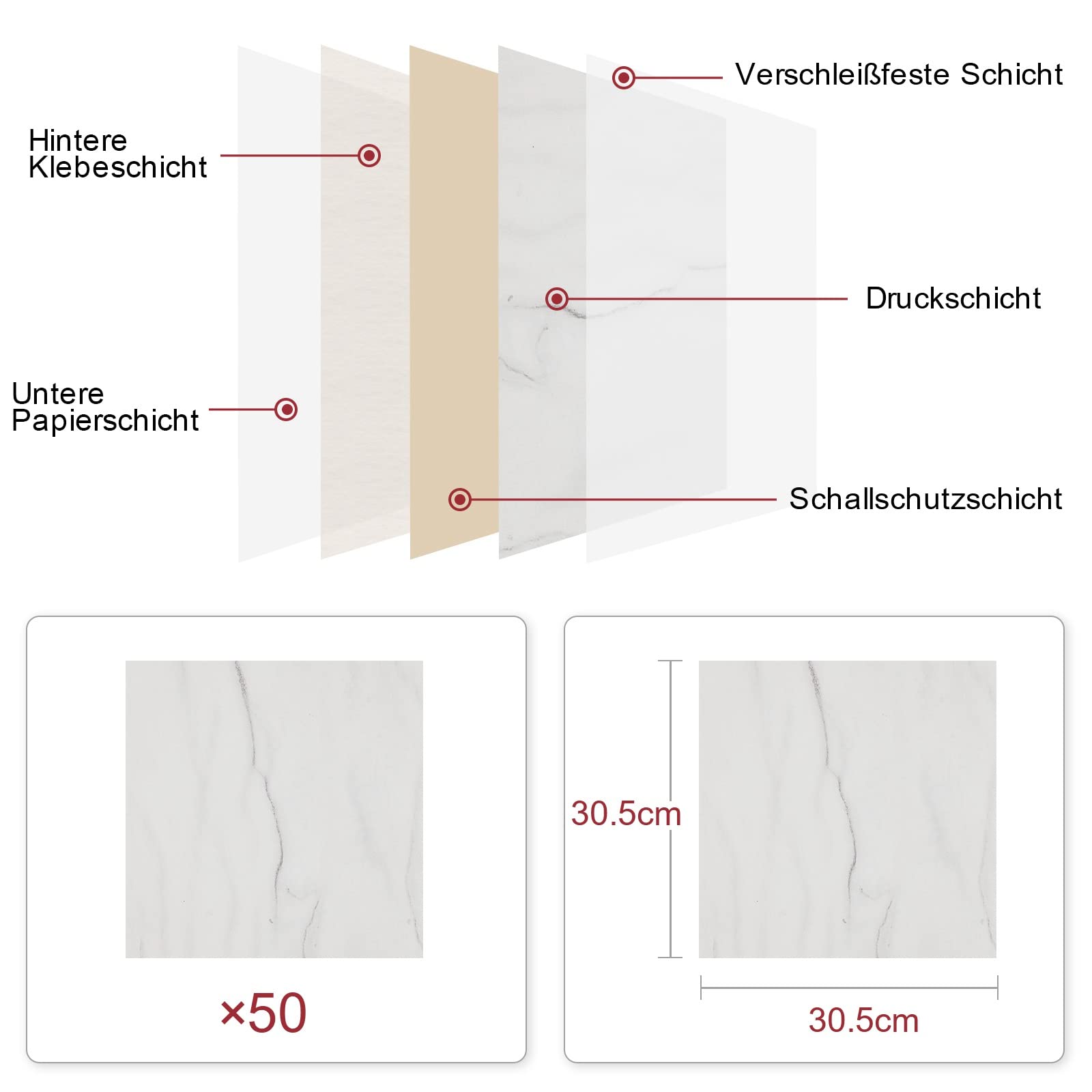 Homease Suelo de PVC autoadhesivo con efecto mármol, suelo de vinilo, antideslizante, impermeable, cortable, aspecto de azulejos, para cocina, salón, balcón, color blanco mate, 50 azulejos, 4,5 m²