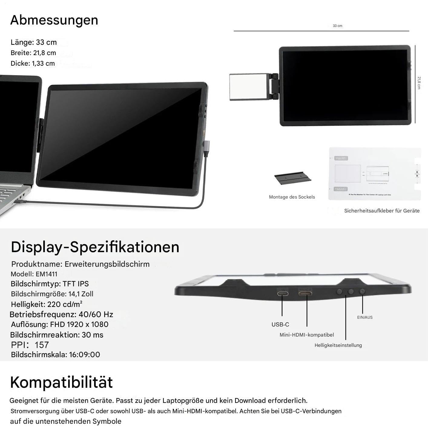Generisch Estensione dello schermo da 35,8 cm | Monitor esterno per laptop, 1080p, con due porte, per scrivania, casa, programmazione, design, presentazione