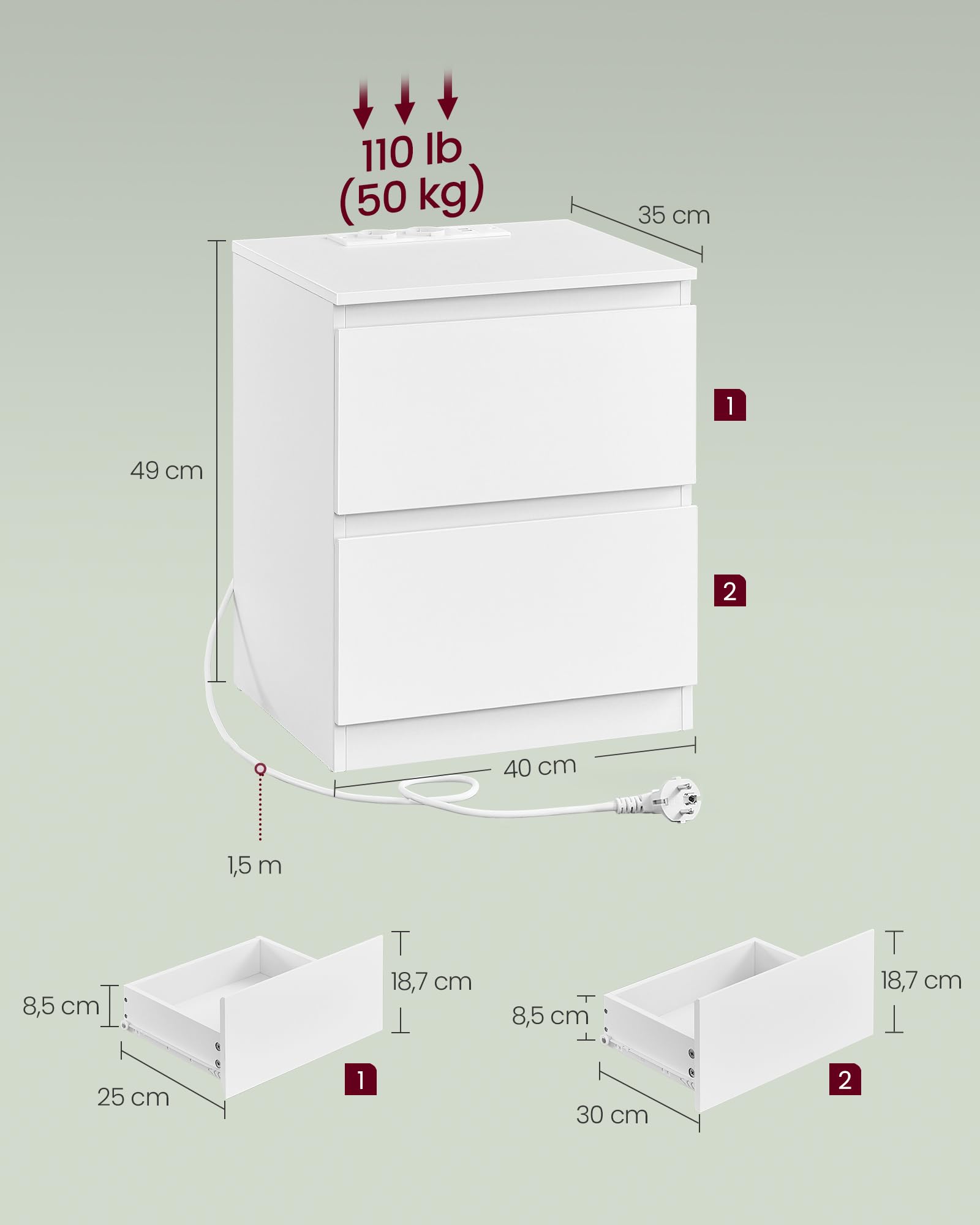 VASAGLE KAILYN Collezione - Comodini con Ciabatta Elettrica, Set di 2 Tavolini, 2 Cassetti, 2 Prese AC, 2 Porte USB-A, Soggiorno Camera da Letto, Moderno, Bianco Nuvola LET821W02
