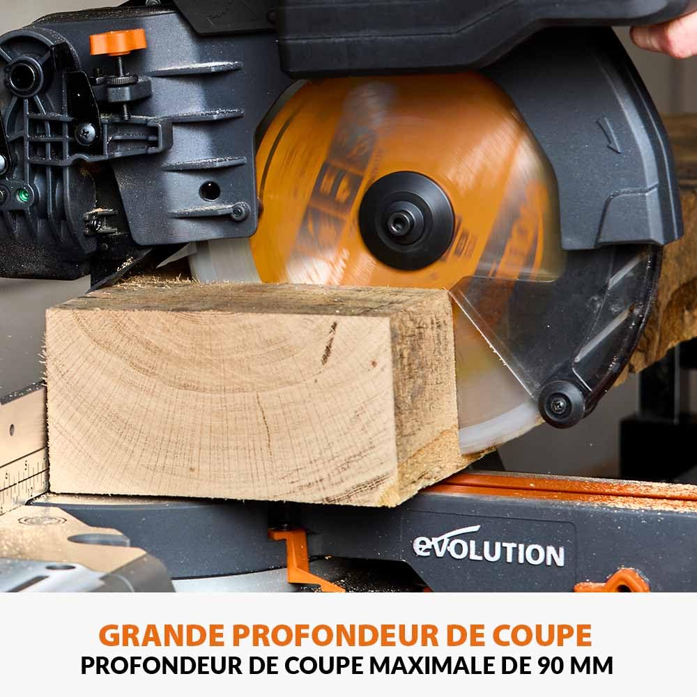 Evolution Power Tools R255SMS-DB-Li Scie à onglets coulissante sans balais à double biseau sans fil Li-Ion EXT lame multi-matériaux, coupe le bois le métal le plastique 255 mm - Batteries non incluses
