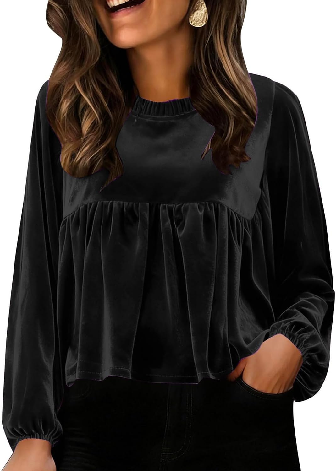 Women’s Long Sleeve Velvet Blouse Loose Fit Crew Neck Gathered Yoke Pullover Top for Casual and Daily