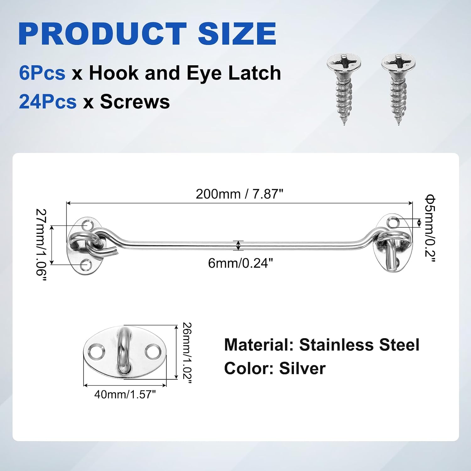 uxcell 6Pcs Hook and Eye Latch, 7.9" Stainless Steel Door Lock Gate Latch Rust-Resistant Sliding Door Lock Eye Hook Latches with Screws for Doors Window Fence, Silver