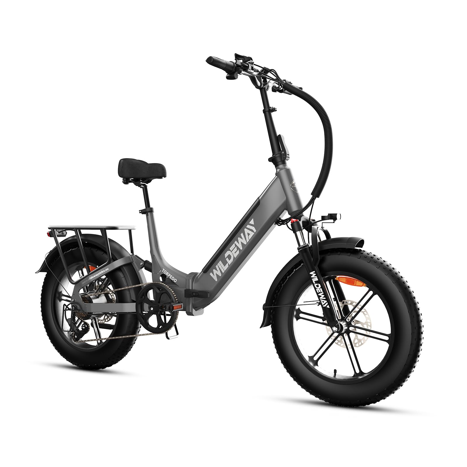 Torpedo Folding Electric Bicycle Features a 48V 15Ah Removable Battery, 20-inch x 4.0-inch Wide Tires, a 7-Speed Transmission, and Hydraulic Brakes