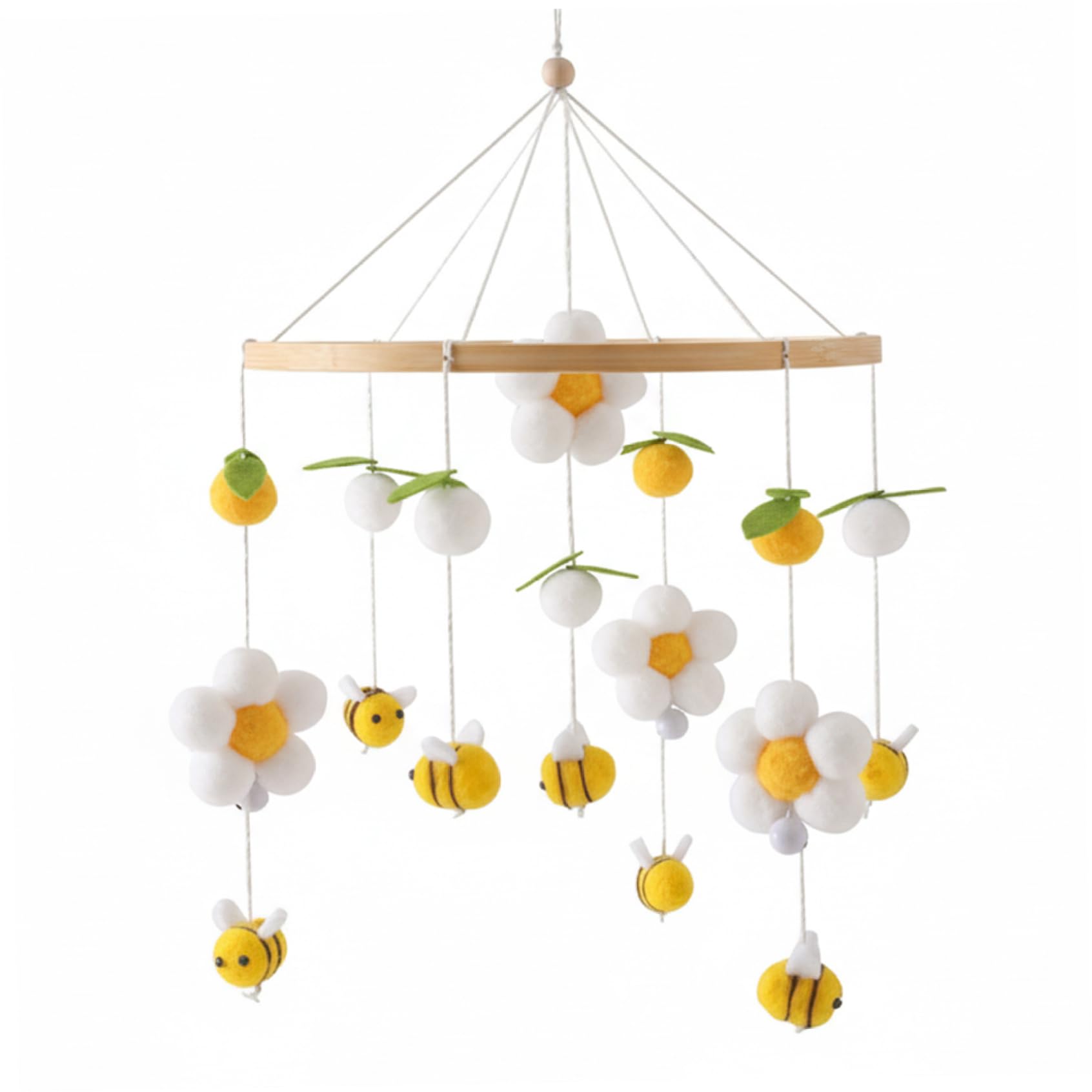 Mobile pour berceau de bébé, mobile de pépinière d'abeilles et fleurs jaunes avec des boules coton à mâcher, jouet doux à suspendre pour berceaux et berceaux, berceau bébé 16 pouces