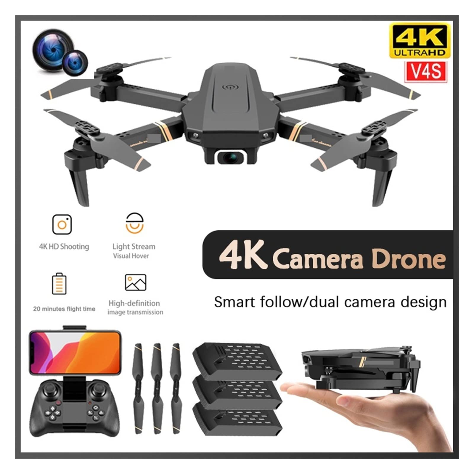 Składany dron Quadcopter RC Profesjonalny dron 1080P WiFi FPV HD Podwójna kamera Składany quadkopter Transmisja w czasie rzeczywistym Drone Zabawki (Kolor: 2K-Dual camera-1B Rozmiar: 1) (Podwójna