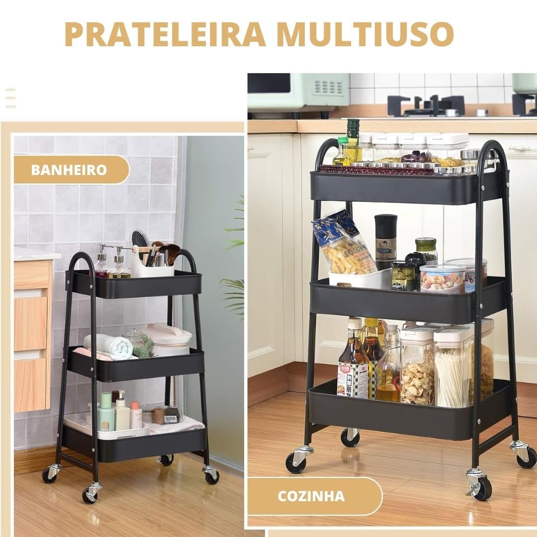 Globalmix Carrello scaffale mobile a 3 livelli, con ruote, con maniglia, 2 freni, cestini in metallo, facile da montare, camera da letto, cucina, ufficio, bagno (nero)