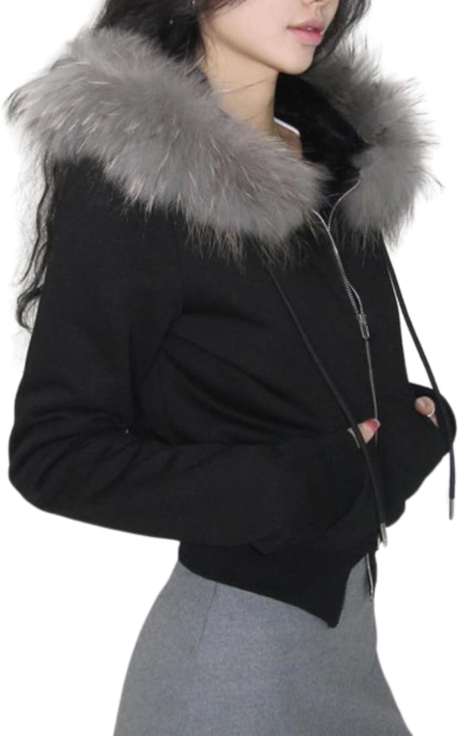 CORIRESHA Women Faux Fur Trim Hoodie Zip Up Long Sleeve Y2k Aesthetics Cropped Sweatshirt - Image 3