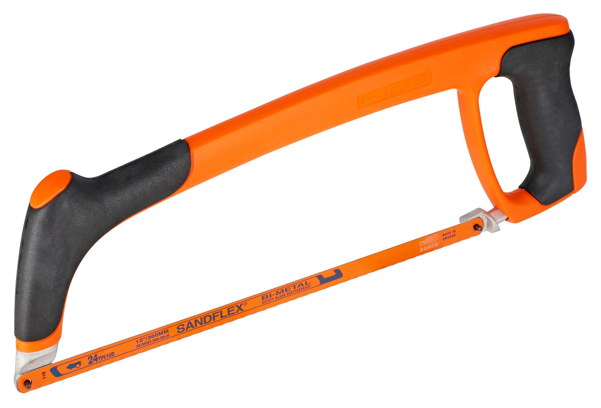 Bahco Professional Hand Hacksaw Frames With Soft Grip Handle, 12 Inch Length, High Blade Tensioning Mechanism, Steel Tube Core with Plastic Coated Frame, Comfortable Handle