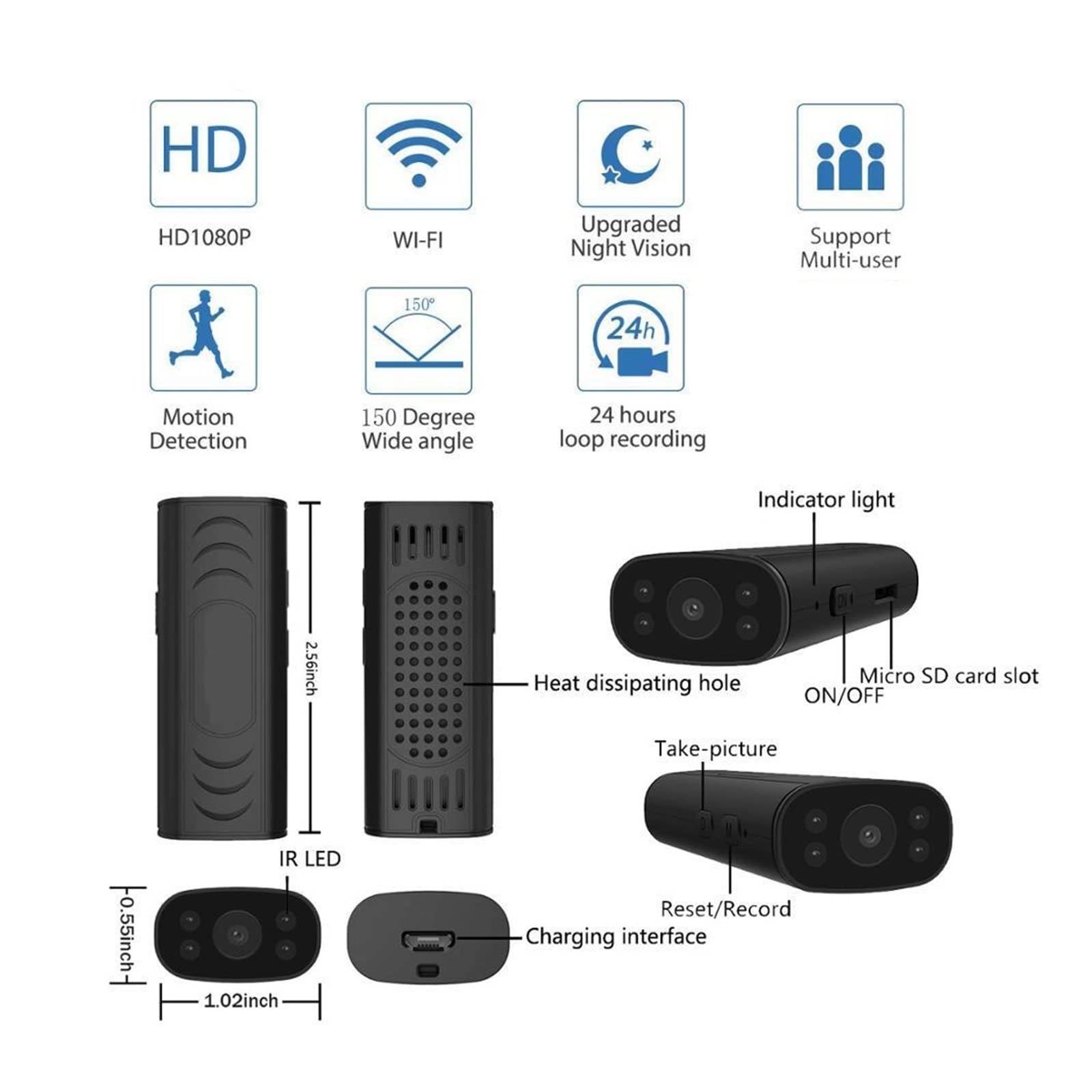Action Cam, Action Camera, Telecamera subacquea Ultra HD, Mini telecamera di sicurezza domestica 1080P HD Wireless Vista remota Telecamere super mini Nanny Cam Piccolo registratore ,All'aperto, Sport,