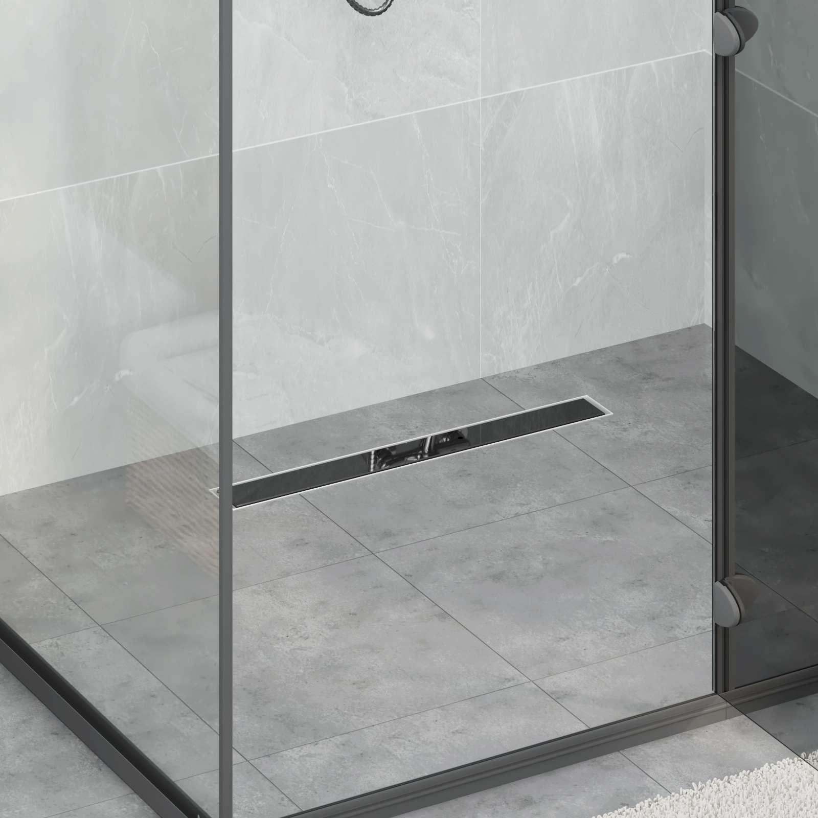 Duschabfluss mit Glashülle und 360° Siphon, Edelstahl 304 schwarz, 60 cm, höhenverstellbar 0-30 mm, fliesenfähig, abnehmbar für Dusche Bad Sanitär