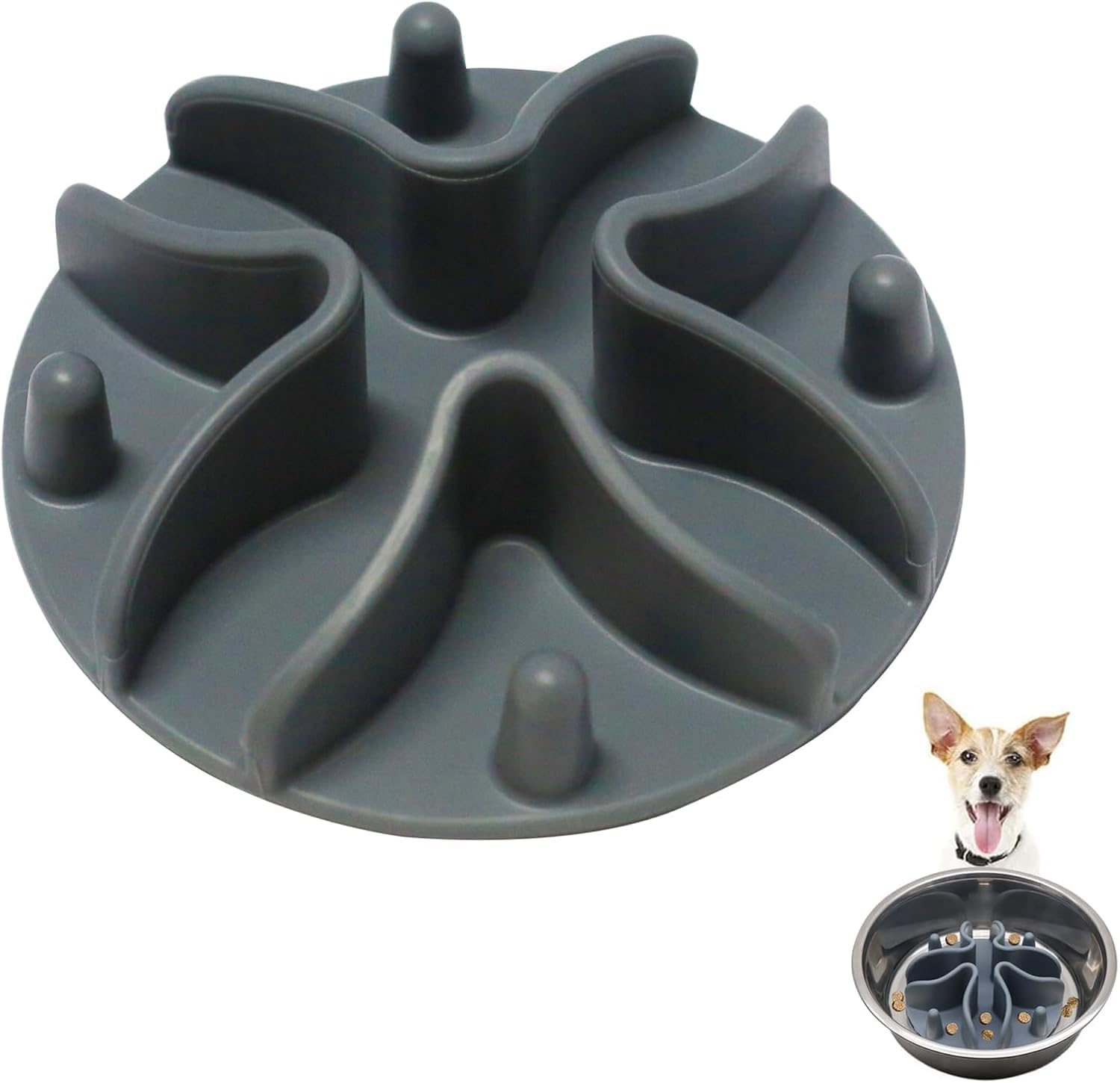 One Piece Silicone Slow Feeder Dog Bowl Insert Stong Suction Cups Silicone Pet Slow Feeder Spiral Pet Feeder Insert for Most Dog Bowl Dog Dish (Grey