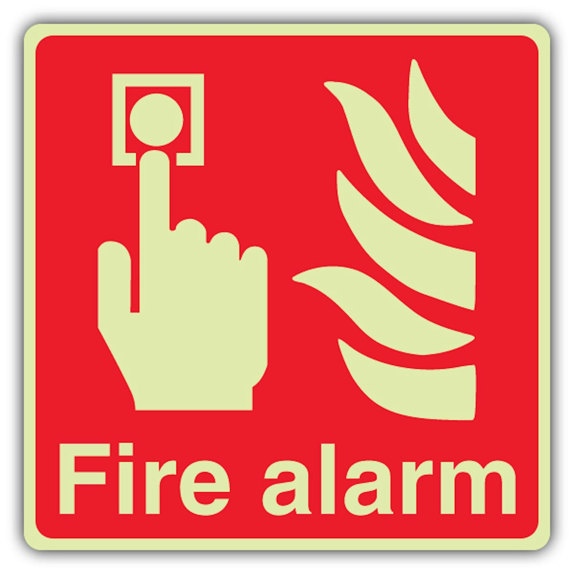 V Safety - Señal de alarma de incendios que brilla en la oscuridad, formato cuadrado, 450 x 450 mm, hecha de vinilo autoadhesivo de triple brillo, señalización de seguridad contra incendios, fabricada