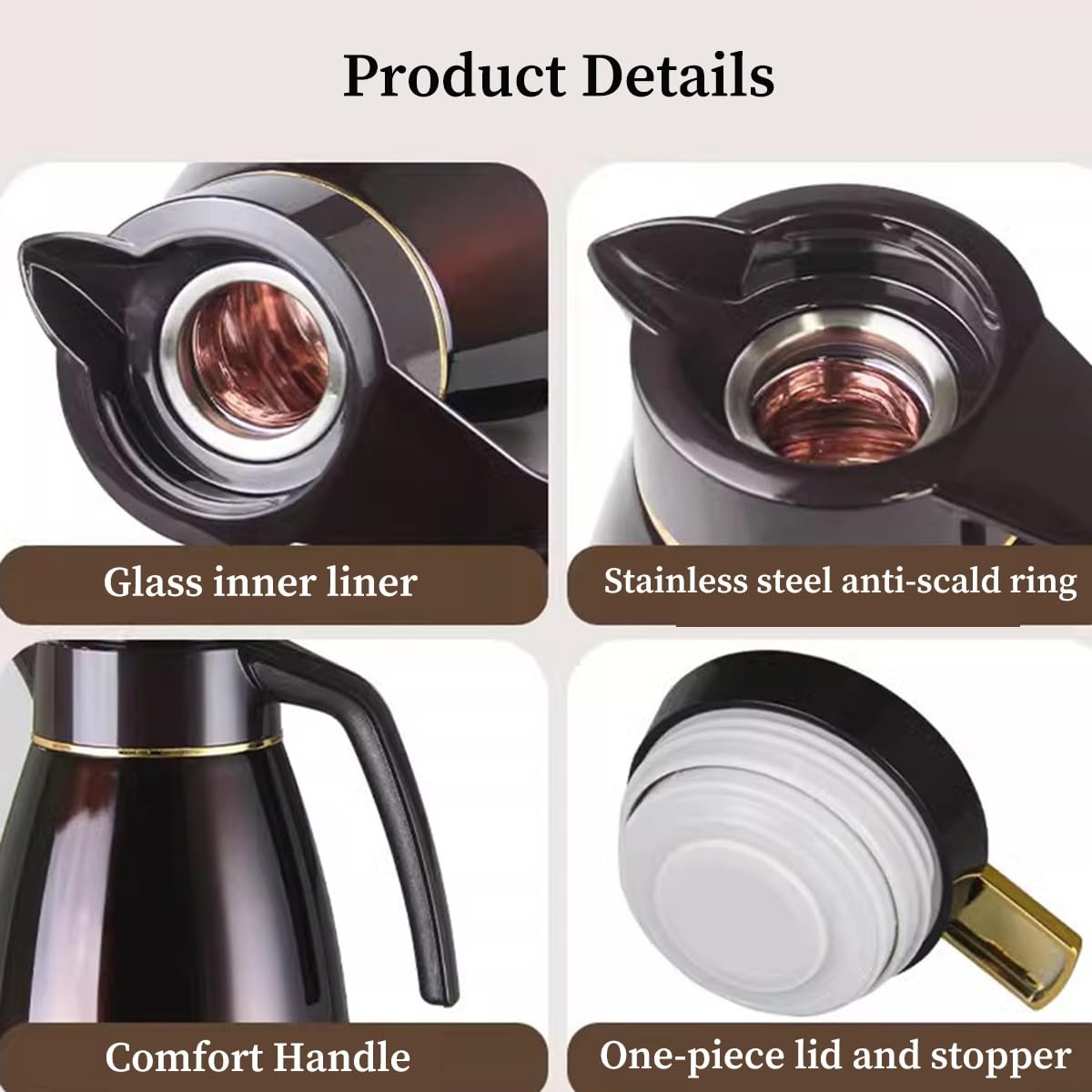 GIZNXBA Caraffa Termica 1,6 Litri, Caraffa di caffè in Acciaio Inox Isolata Termica, Caraffe di caffè A Fiaschetta Sottovuoto per Mantenere Liquidi Caldi E Freddi(/Brown)