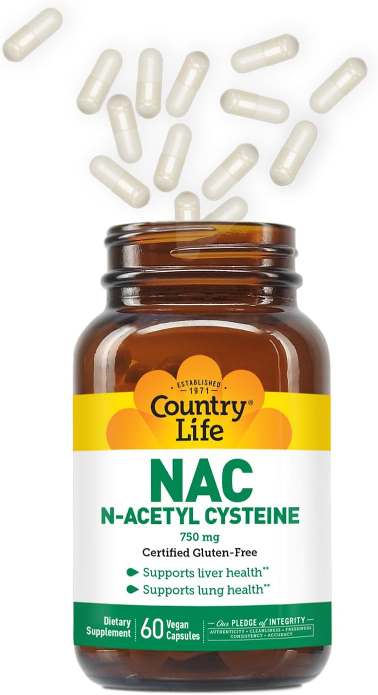 Country Life N-Acetyl Cysteine (NAC) 750 mg – Premium Liver Support and Lung Health Supplement – Powerful Antioxidant Protection, Liver Detox & Cleanse, Immune Support, 60 Vegetarian Capsules