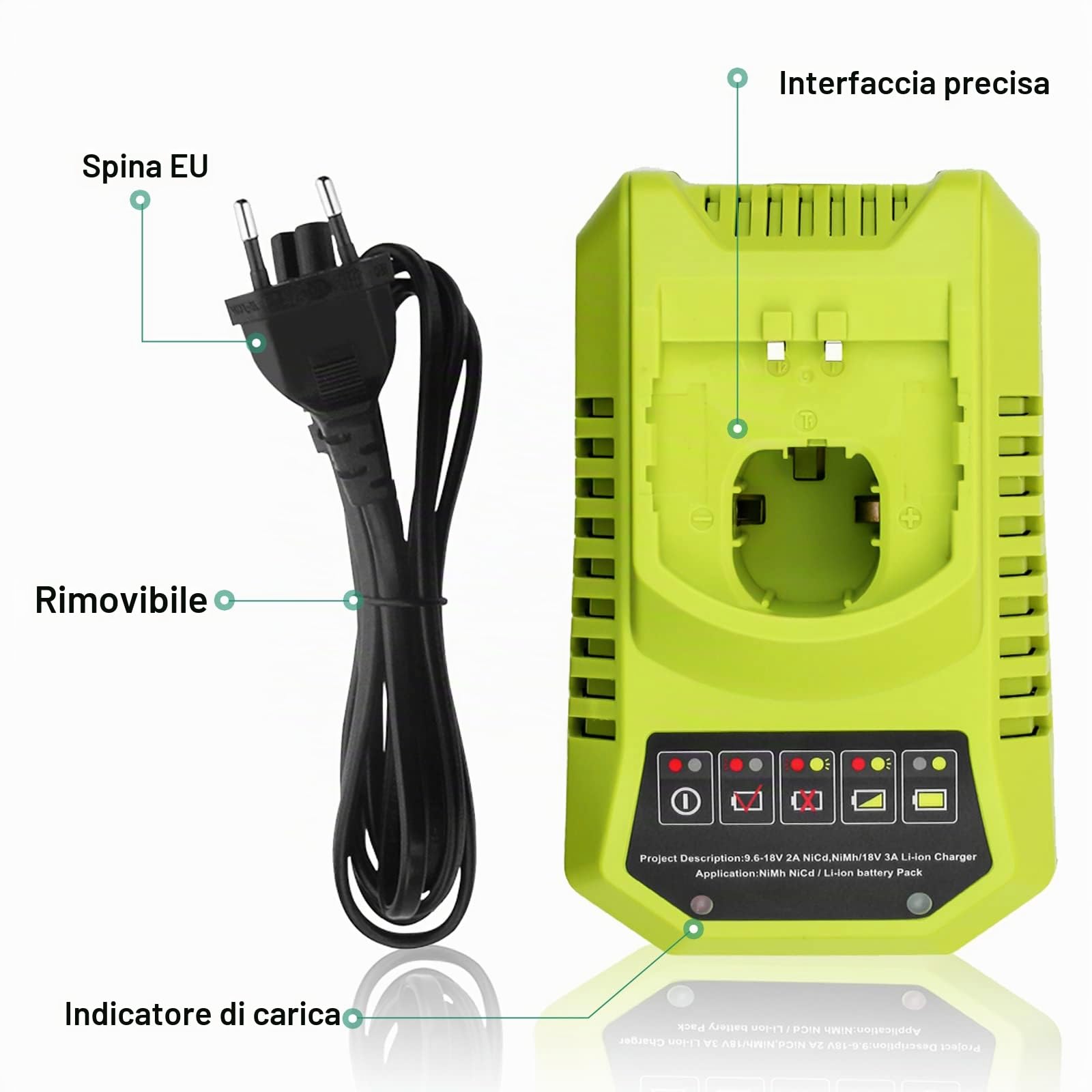 2X P108 di ricambio per Ryobi batteria 18V + 9,6V-18V 3A per Ryobi caricabatterie BCL14181H agli ioni di litio e batteria NI-MH per P106 P107 P105 P108 P100 P102 con LED