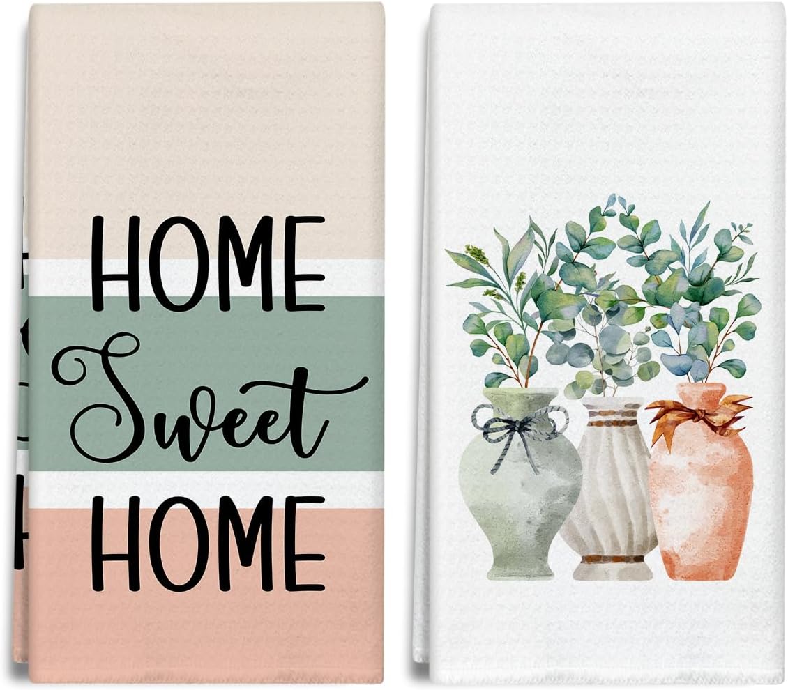Sweet Home Kitchen Towels and Dishcloths Set of 2, Vase Eucalyptus Decorative Hand Towel Drying Cloth for Bathroom Baking, Housewarming Gift for Hostess, Women, 16x24 Inches -06