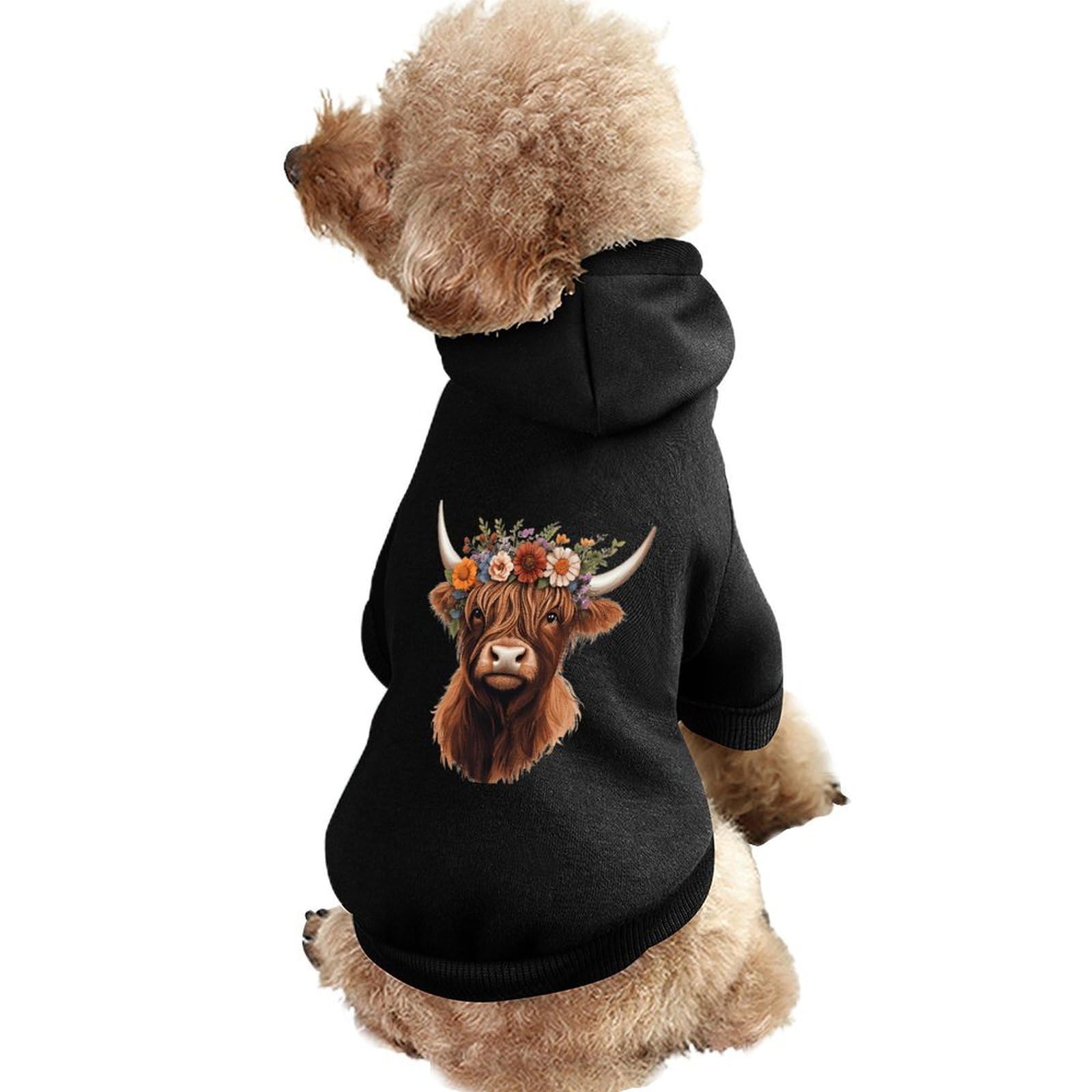 Highland Cow with Flowers Cute Dog Hoodie Warm Pet Clothes Comfort Sweatshirt Outfit for Cats Dogs