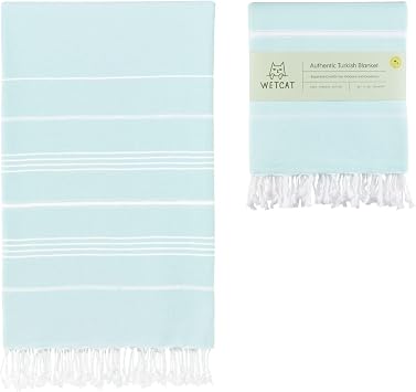 WETCAT Turkish Beach Blanket Sandproof 82"x82" 100% Turkish Cotton, Made in Turkey - Sand Free, Ultra Soft, Extra Large Throw for Picnic Aqua