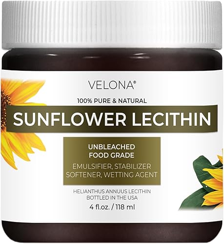 velona Lecitina líquida pura de girasol, 4 onzas líquidas, grado alimenticio, sin blanquear, emulsionante, estabilizador, suavizante, suavizante,