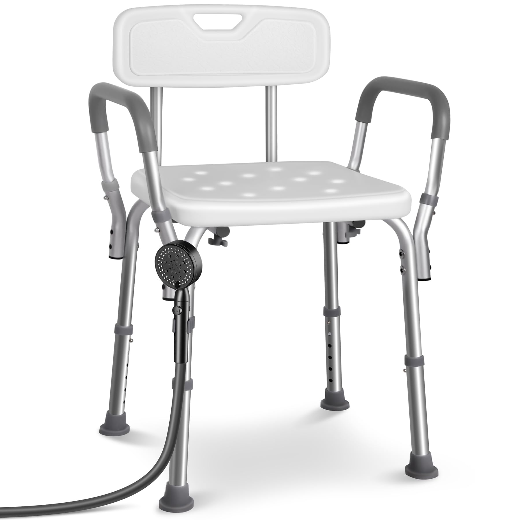 VOUNOT® Sedia da Doccia in Alluminio con Schienale e Braccioli, 6 Altezze Regolabili 71-83,5 cm, Sedile Bagno Ergonomica per Anziani e Disabili con Piedini Antiscivolo, Portata Max 136 kg, Bianco
