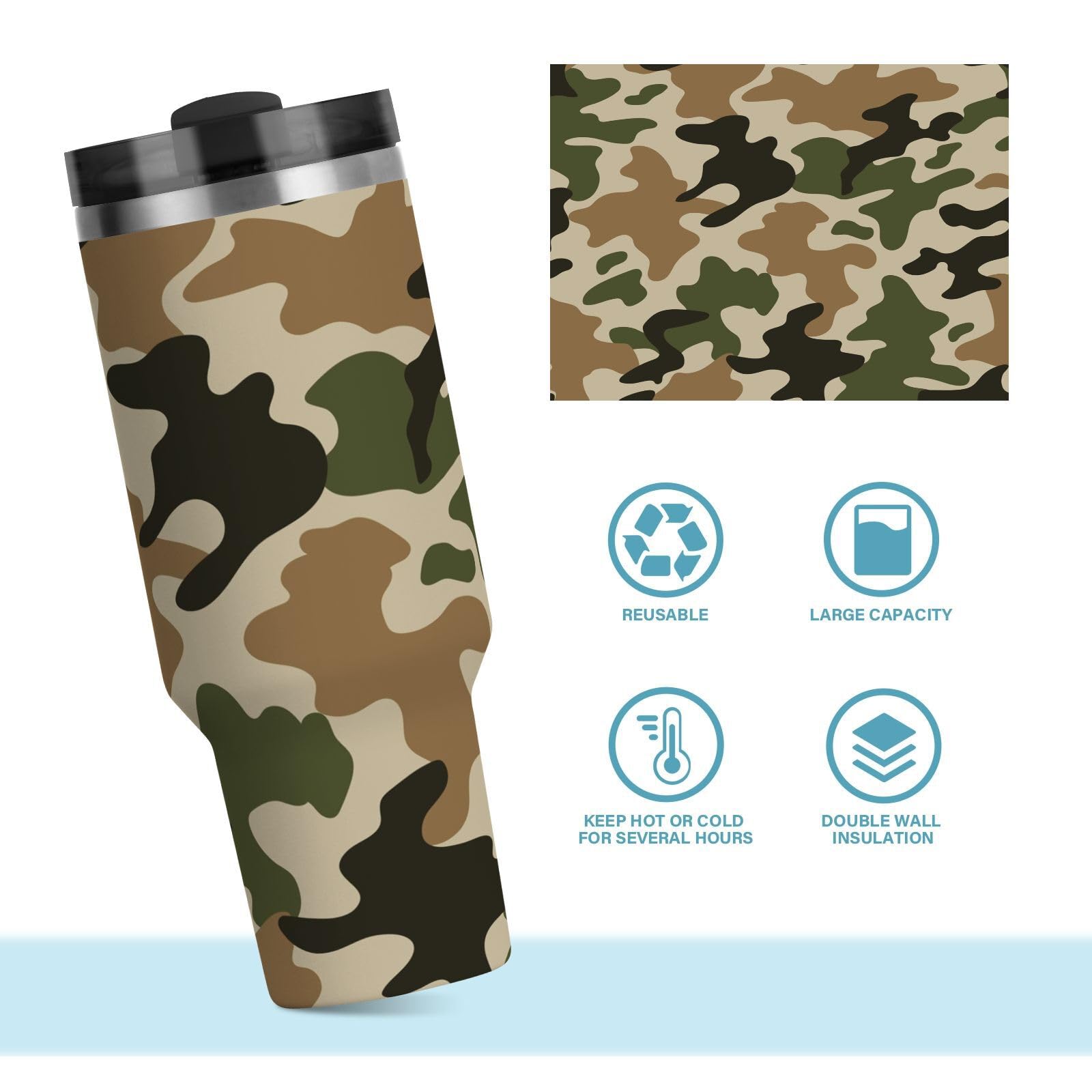 Isolierter Trinkbecher, doppelwandig, Edelstahl, Thermobecher, Reisebecher mit Griff, Strohhalm-Deckel, Camouflage, Grün