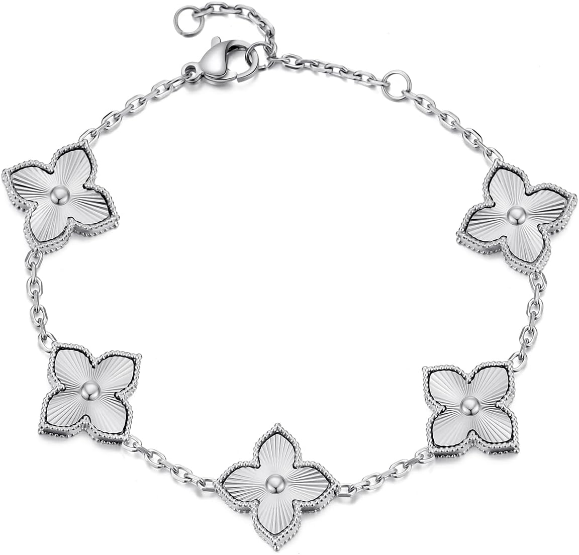 Four Leaf Clover Bracelet for Women 14K Gold Plated Dupes Stainless Steel Link Bracelet Wrist Jewelry (White Gold)