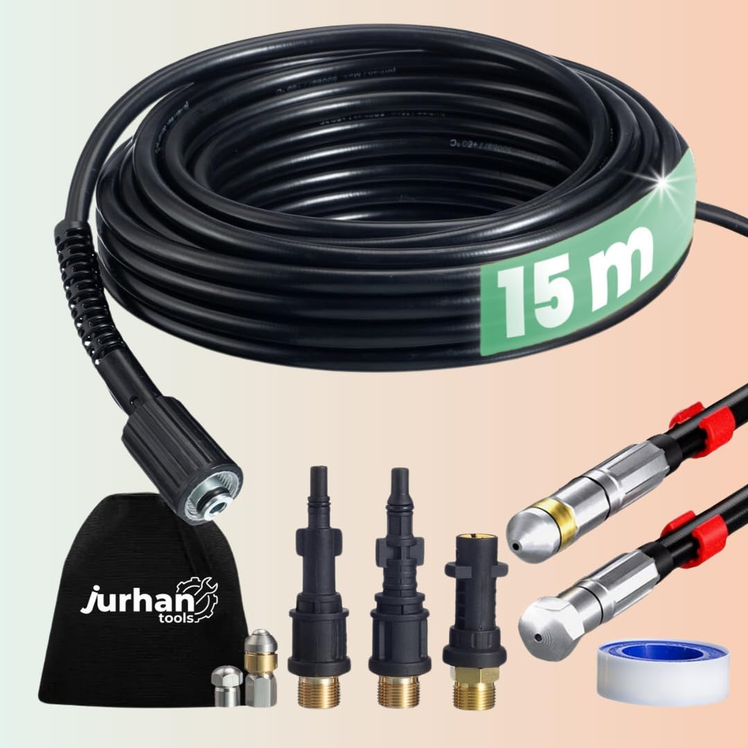 Kit de nettoyage de canalisations (15 m) – Kit avec 3 adaptateurs – Tuyau de nettoyage de canalisations haut pression de haute qualité