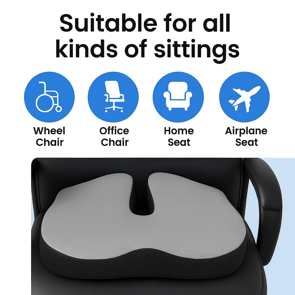 Grin Health Coccyx Pro Large Thick Seat Cushion – Comfort Seating Memory Foam for Tailbone & Back Pain Relief, Orthopedic Chair Cushion for Office, Car, Home & Wheelchair Sitting (Grey) - Image 5 thumbnail