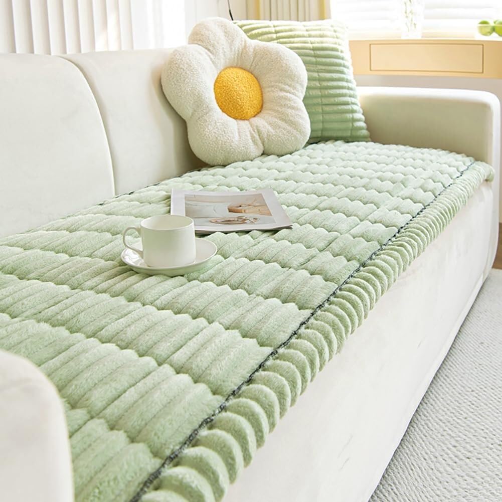 RAKKYOFD Soft Corduroy Sectional Sofa Cover 1 Piece Striped Couch Cover Super Washable Non Slip Sofa Slipcover Furniture Protector for Kid Dog Pet,(Green,35"x82")