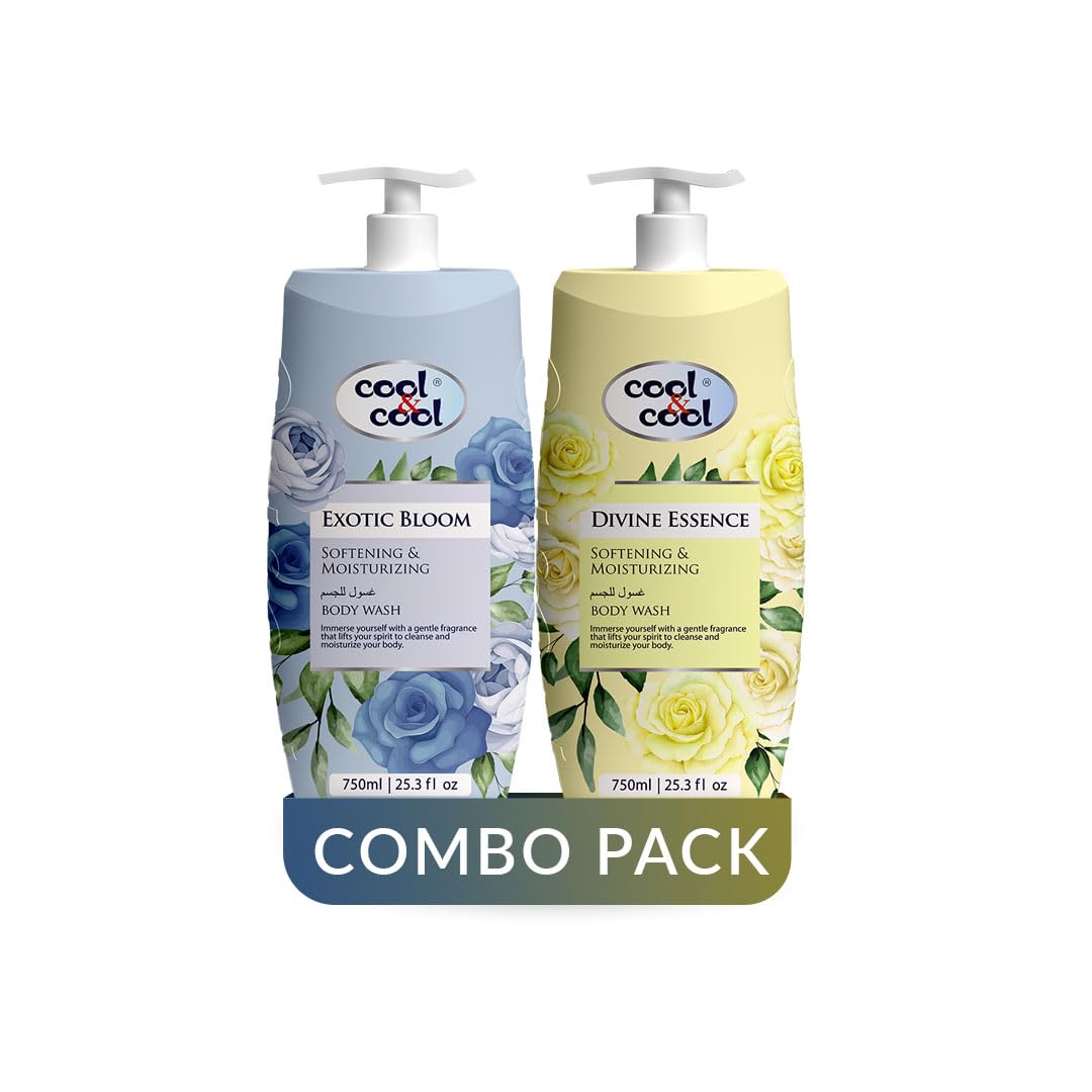 Body Wash Twin Pack (750ML x 2)- Divine Essence and Exotic Bloom Scented Anti-Bacterial,Skin-Softening & Moisturizing Liquid Body Wash 1.5L