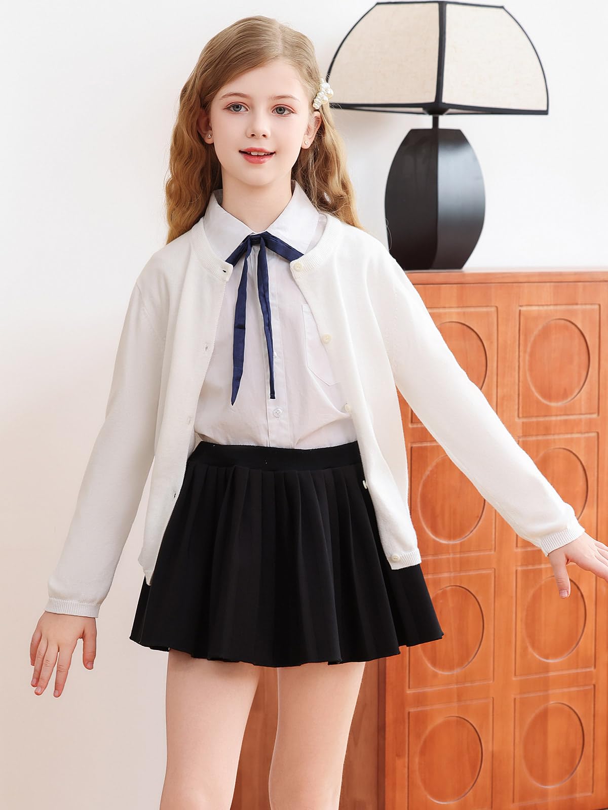 Soudittur Strickjacke Mädchen Basic Kinder Cardigan Lange Ärmel Baumwollstrickpullover Schuluniform mit Knöpfen 110-160
