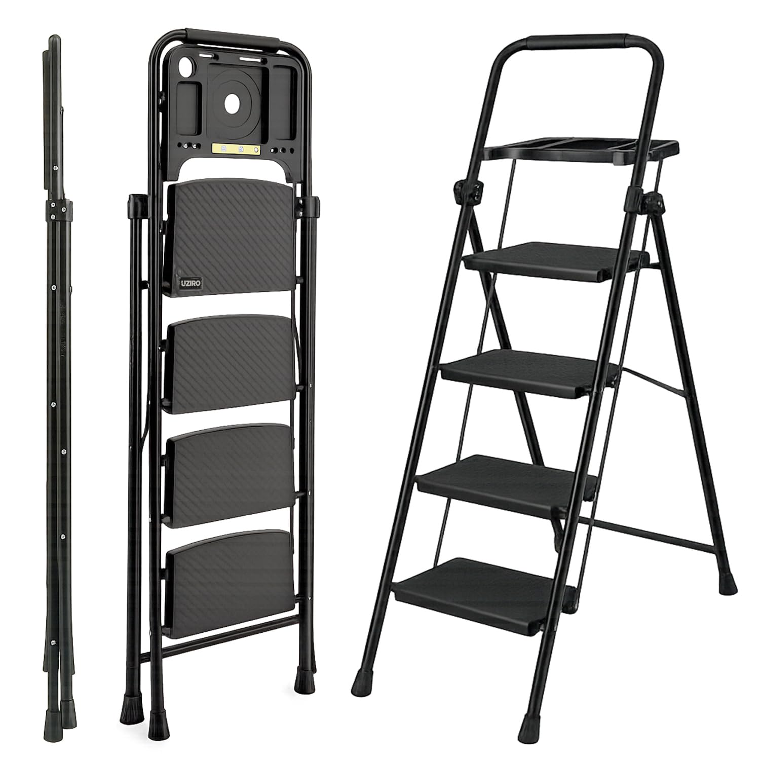UZIRO Escalera Plegable 4 Peldaños con Bandeja para Herramientas, Peldaños Anchos Antideslizantes, Ligera, Color Negro, Soporta 150 kg, para Hogar y Cocina